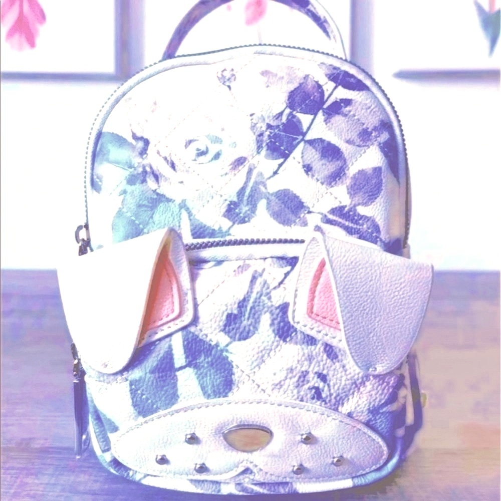 Betsey Johnson RARE vegan blue rose print white French bulldog pup mini backpack